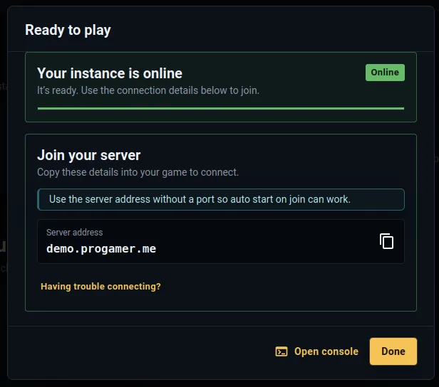 PowerupStack dialog showing an online Minecraft instance and its server address