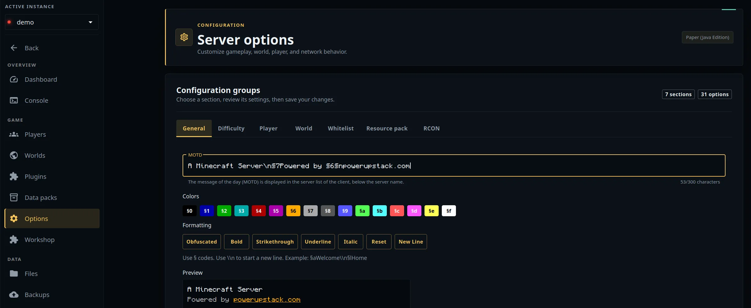 PowerupStack Minecraft MOTD editor with a live preview