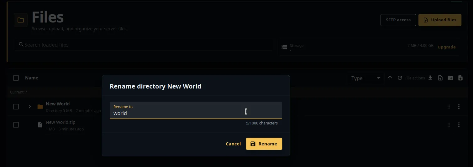 Rename the extracted world folder