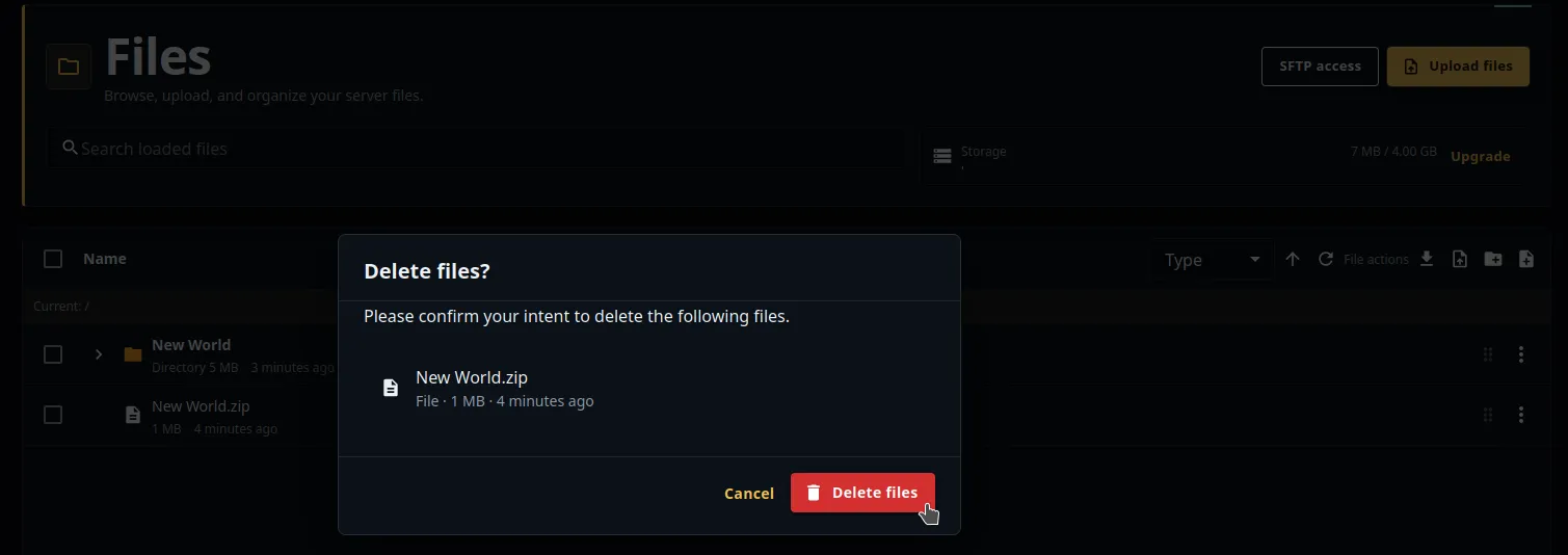 Delete the uploaded world ZIP