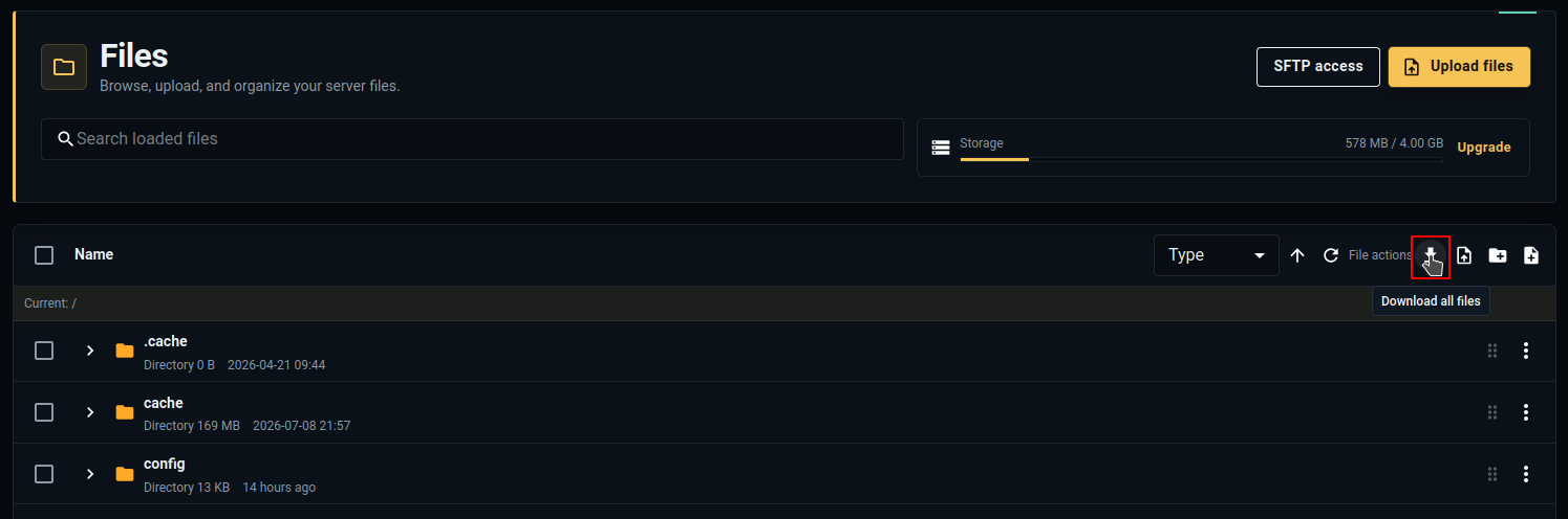 Download all files button in the file manager