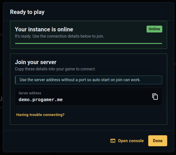 PowerupStack dialog showing an online Minecraft instance and its server address