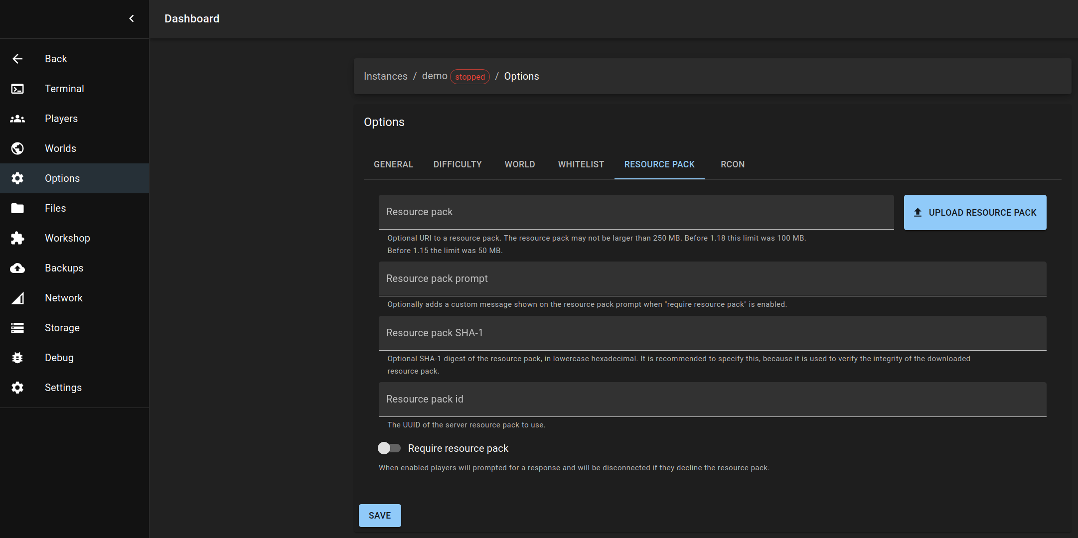 Resource pack options page
