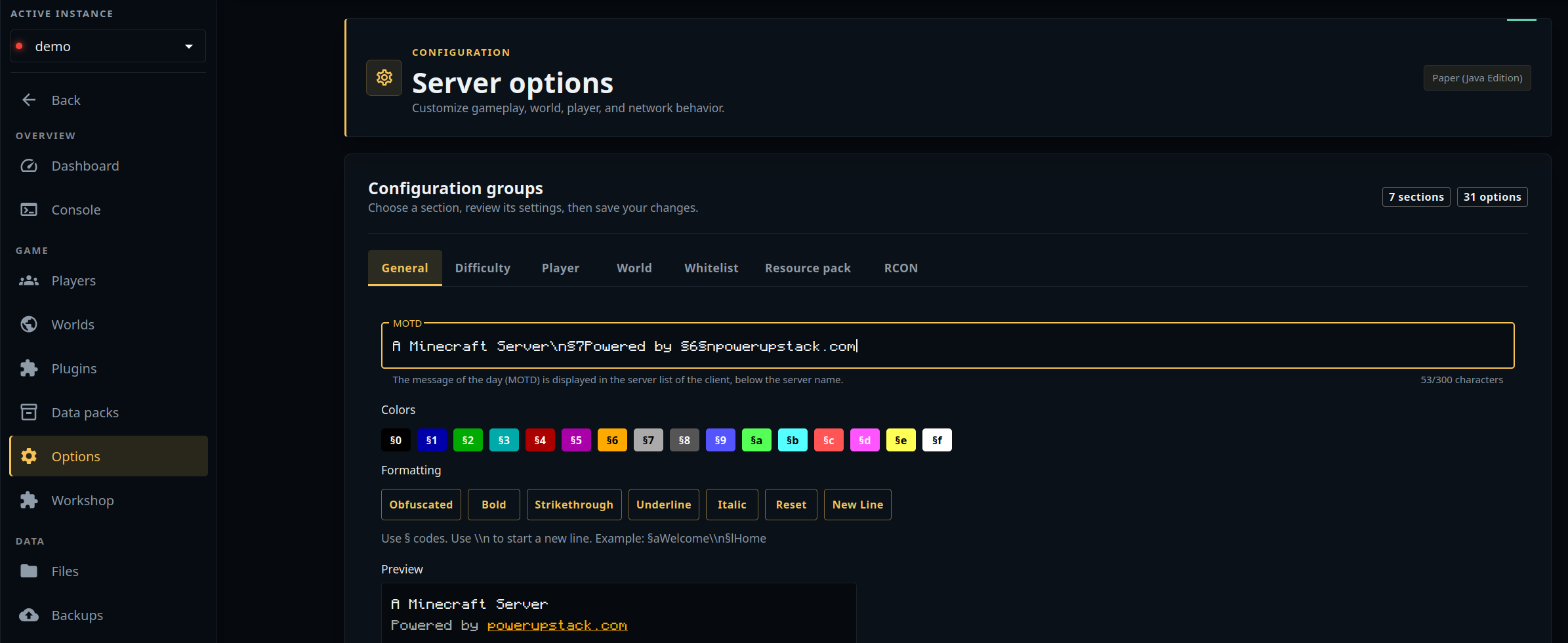 PowerupStack Minecraft MOTD editor with a live preview
