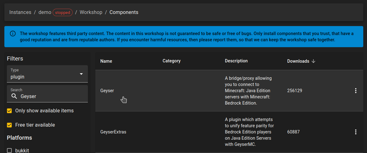 Search for Geyser plugin in the workshop