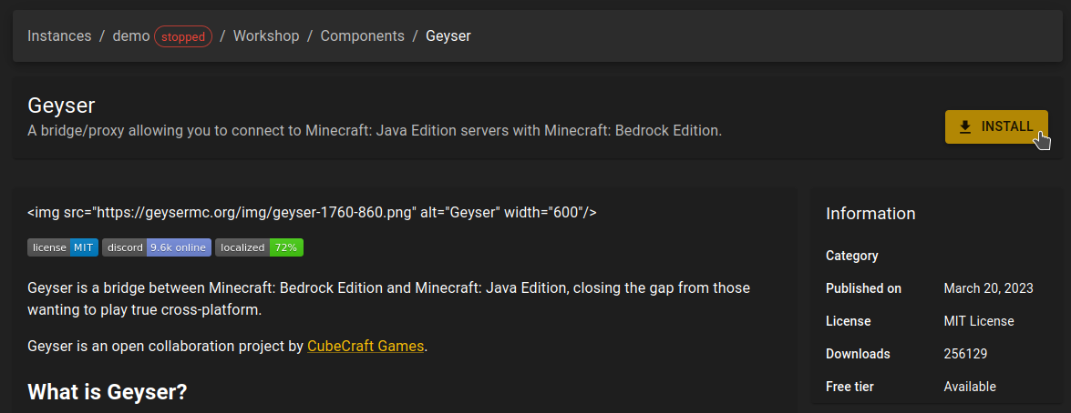 Geyser component detail page