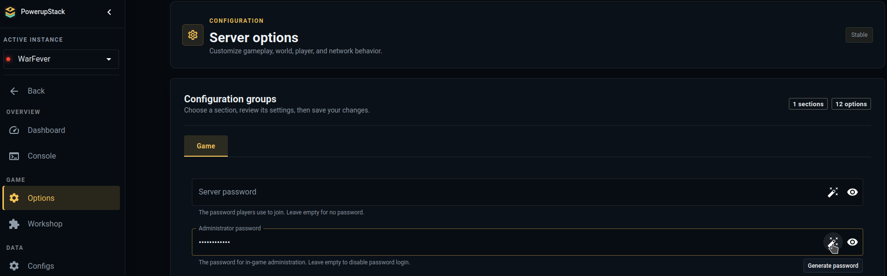 Administrator password field and Generate password button in PowerupStack Options