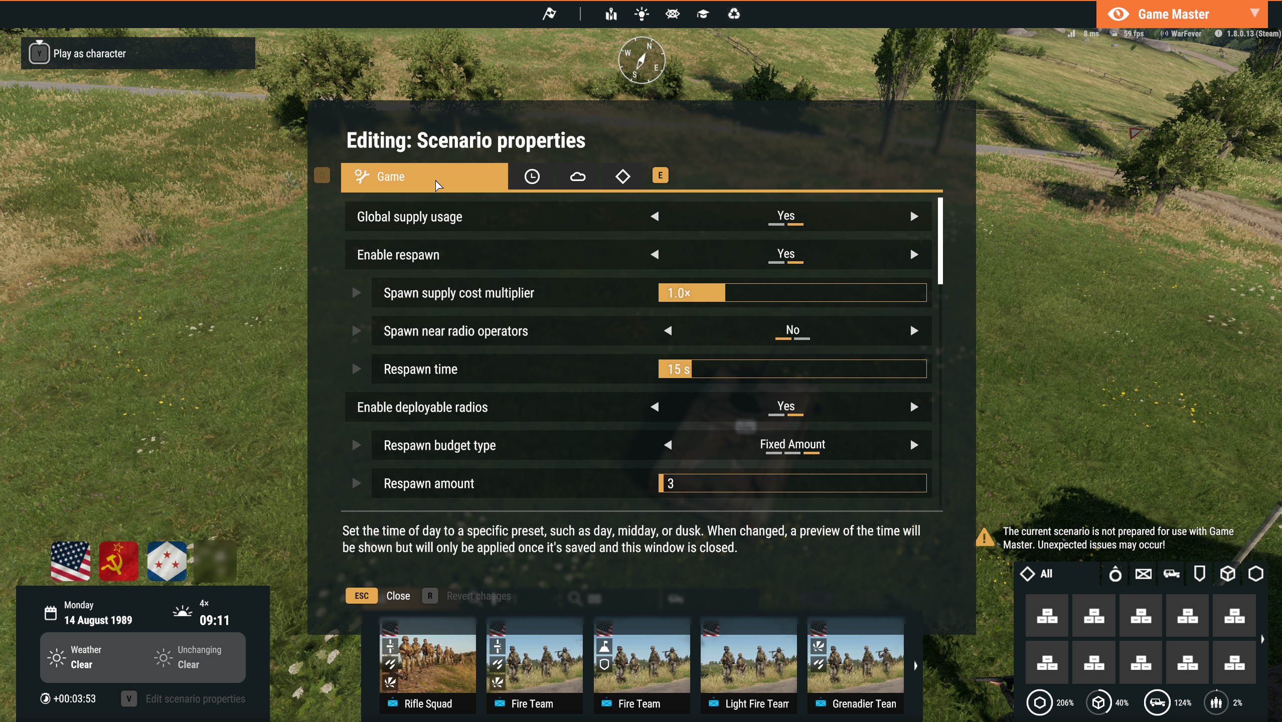 Scenario properties panel open in the Game Master interface