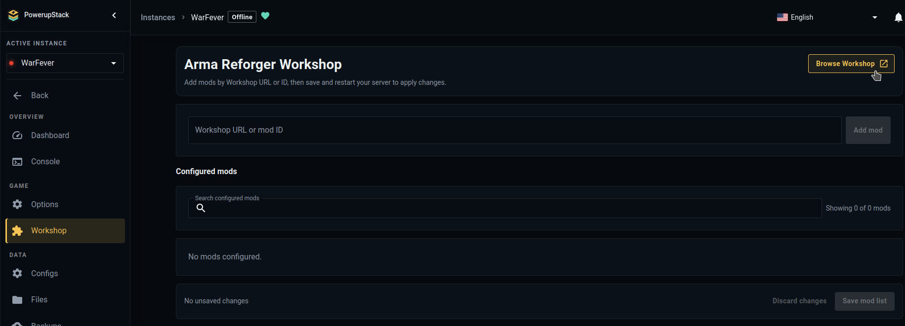 Browse Workshop button on the Arma Reforger Workshop page in PowerupStack