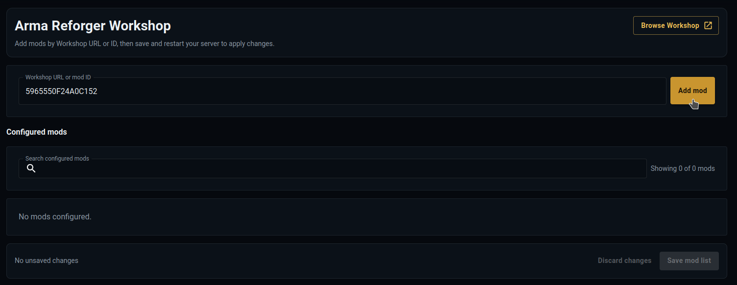 Mod ID entered in the Workshop URL or mod ID field beside the Add mod button