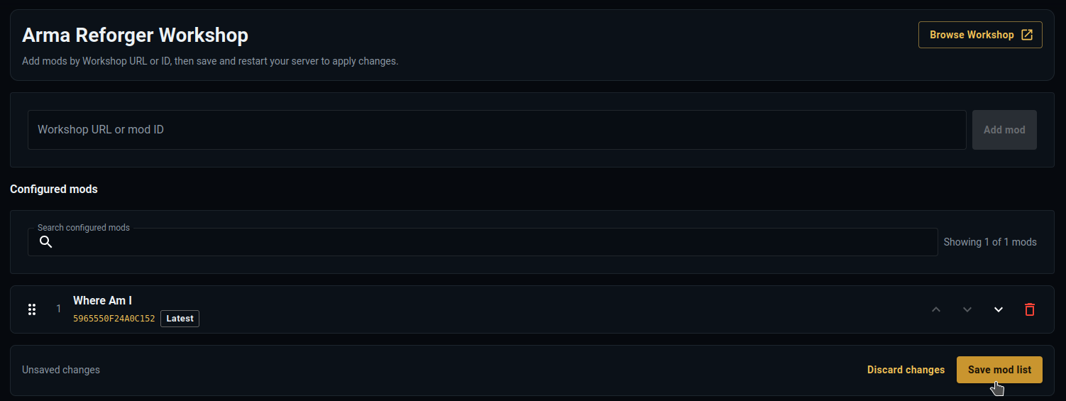 Configured mod and Save mod list button with unsaved changes