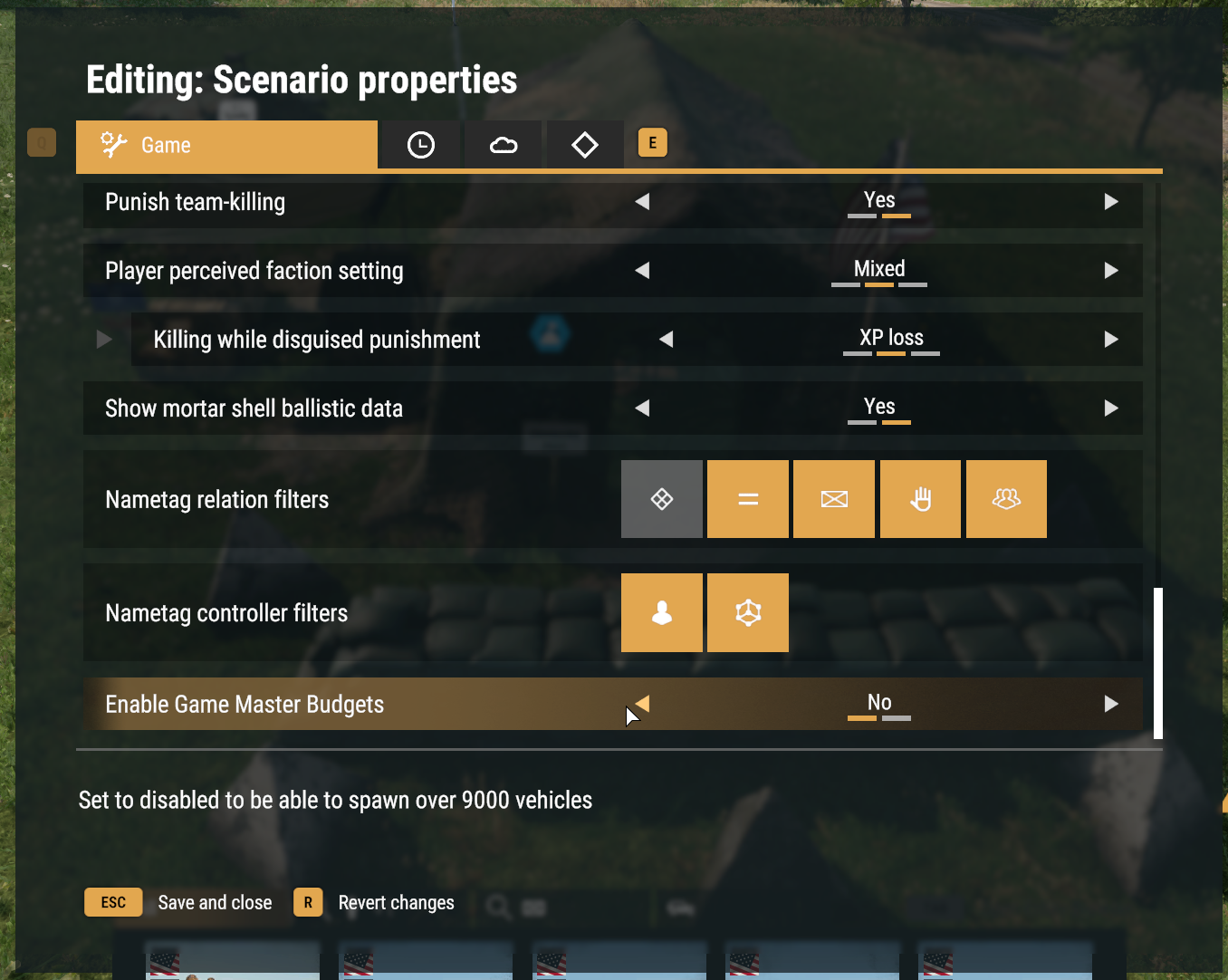 Enable Game Master Budgets set to No in the Game tab of Scenario properties